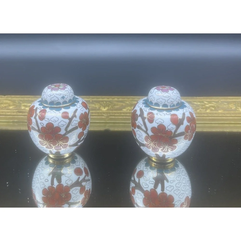 VTG Petite Brass Enamel‎ Floral Cloisonné Ginger Jars Urns w/ Lids & Stands-2